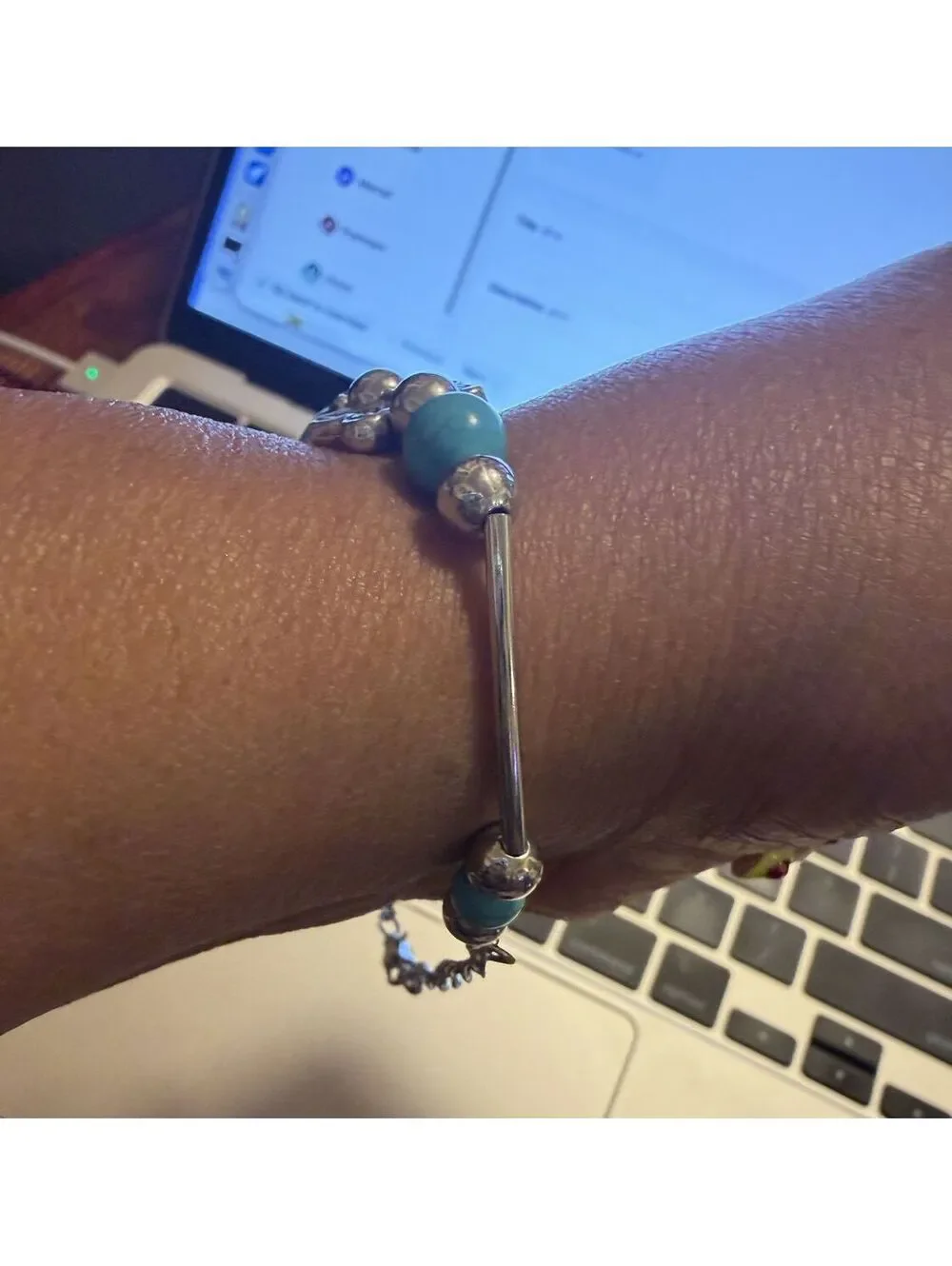 BRACELET Silver Tone Butterfly and Turquoise Beaded Bracelet